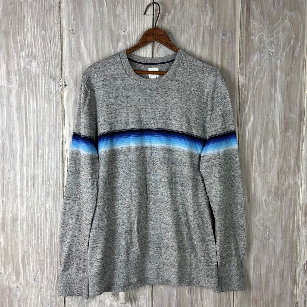GAP Mens Long Sleeve Crewneck T‎ Shirt Gray Blue Stripe Size Medium Cotton Blend